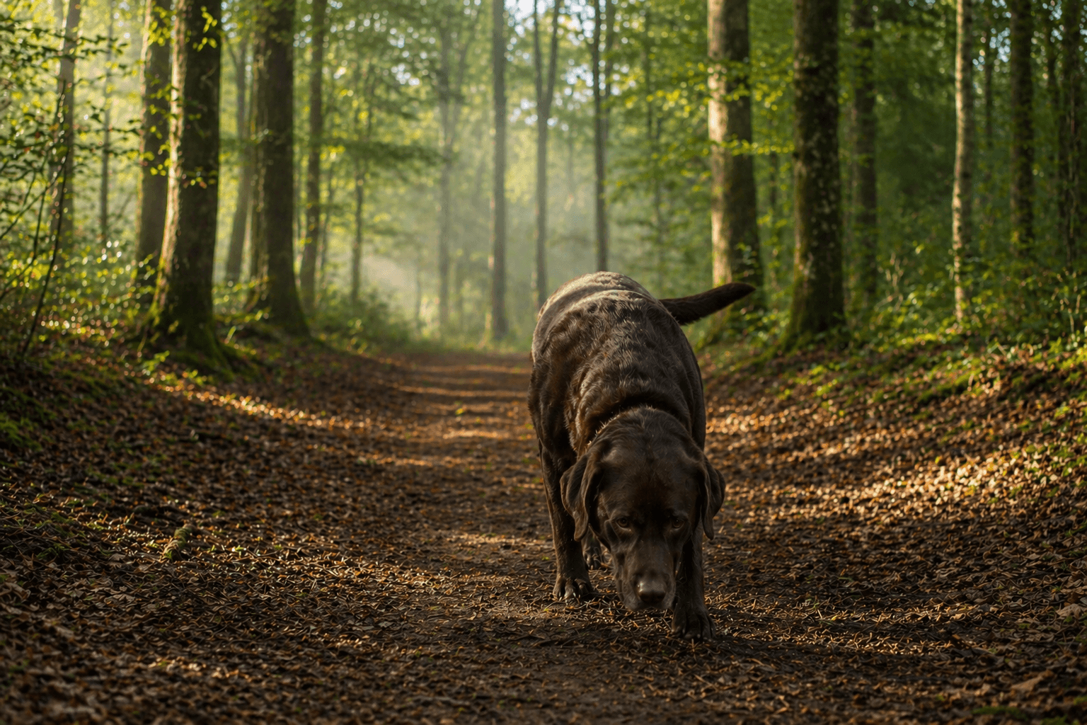 Amy auf einem Waldweg im Naturpark Schönbuch im Morgenlicht